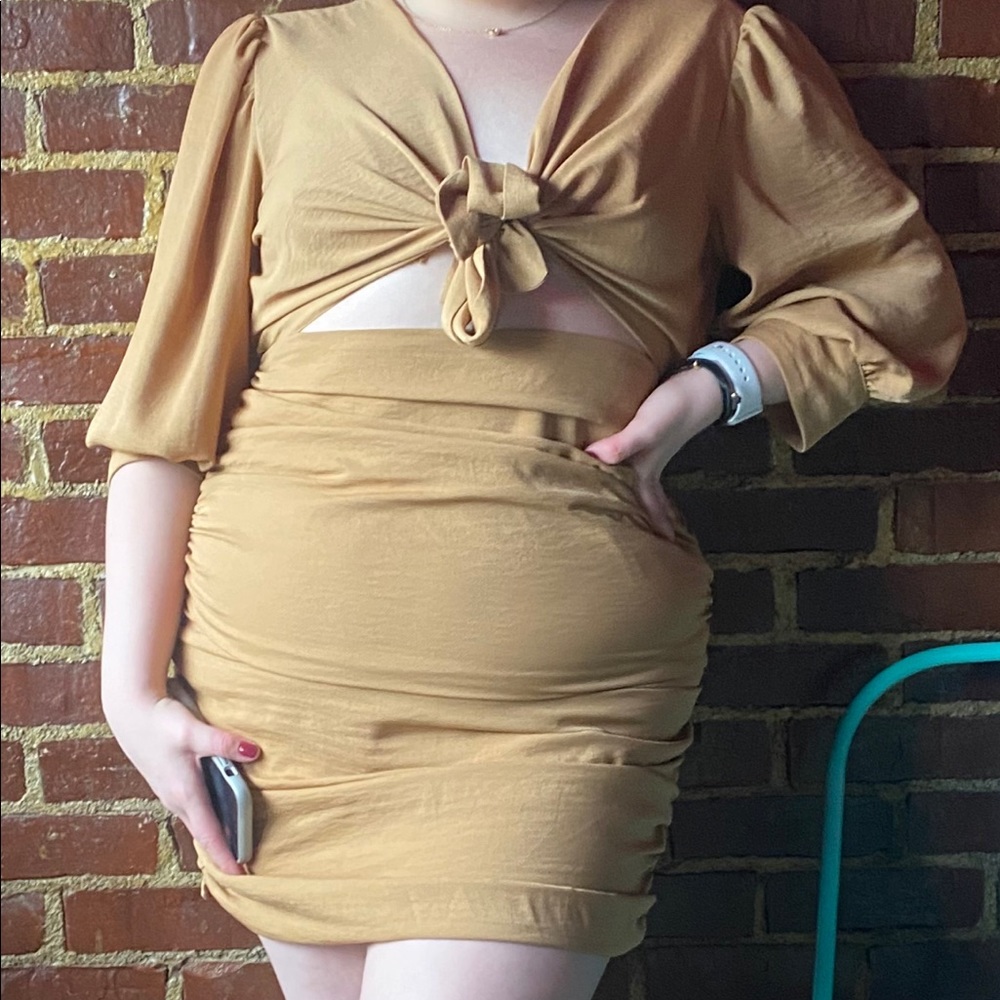 Tie Front, Cut Out Ruched Camel Mini Dress